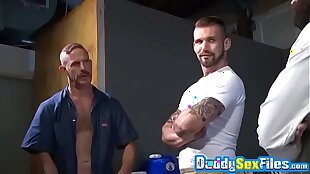 Horny Stephen Harte covered in cum after threesome fucking